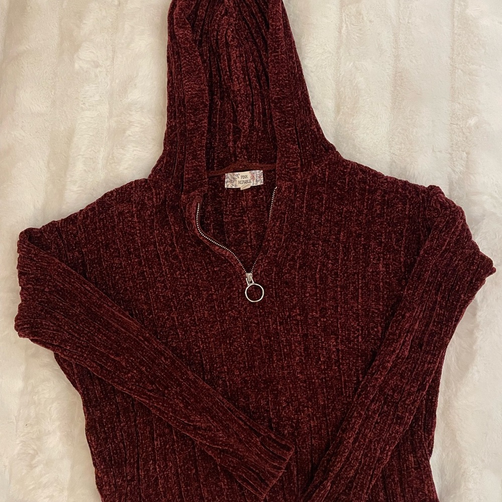 Cozy Burgundy Hooded Chenille Sweater